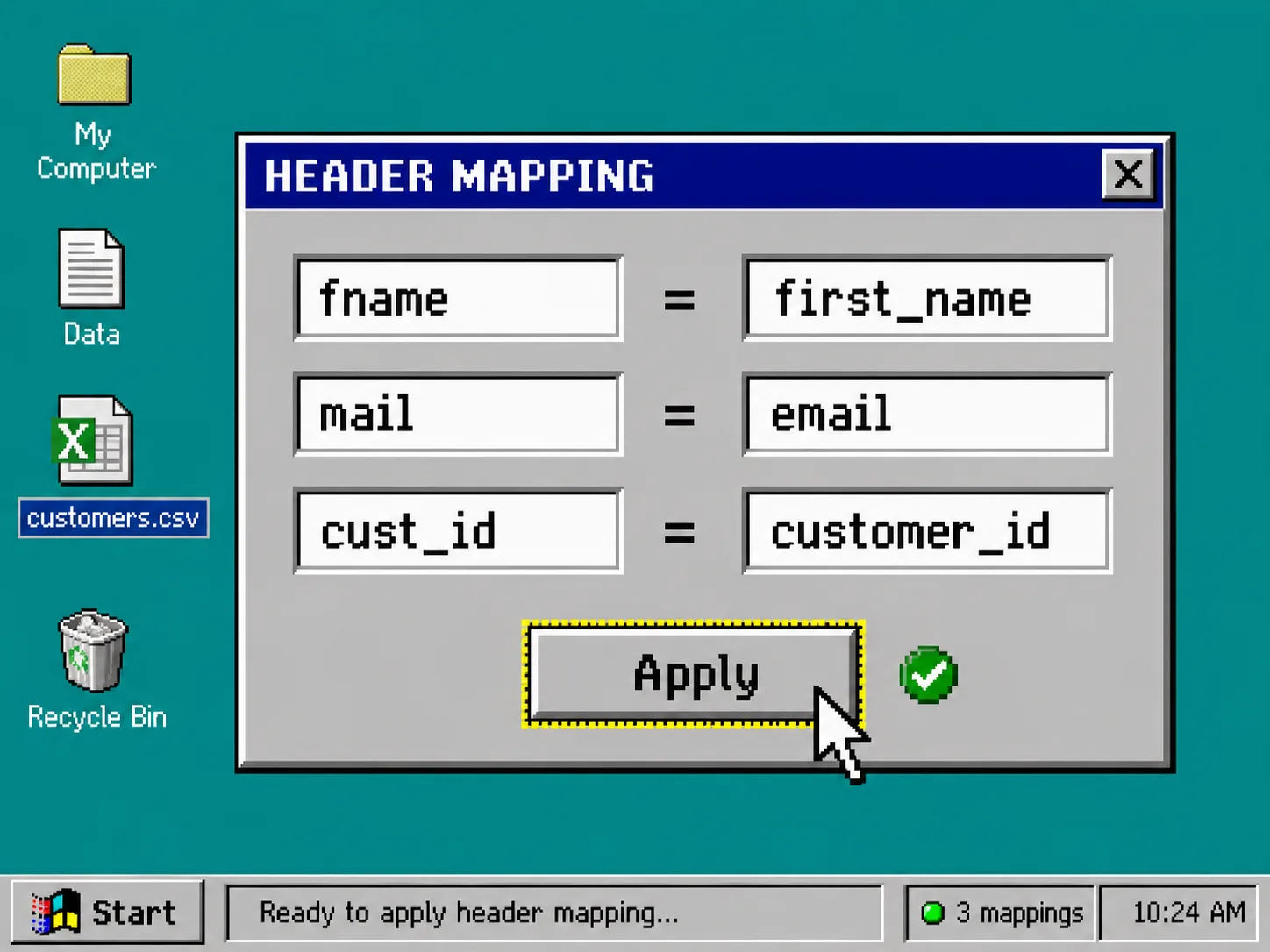 Windows 95 style header mapping dialog for a CSV file