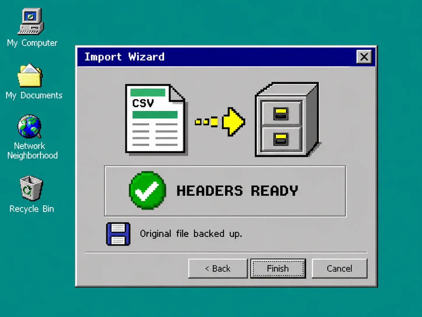 Retro import wizard confirming that CSV headers are ready