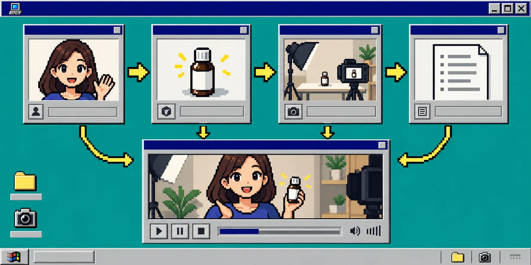 Retro workflow showing avatar, product, scene and script becoming a product video