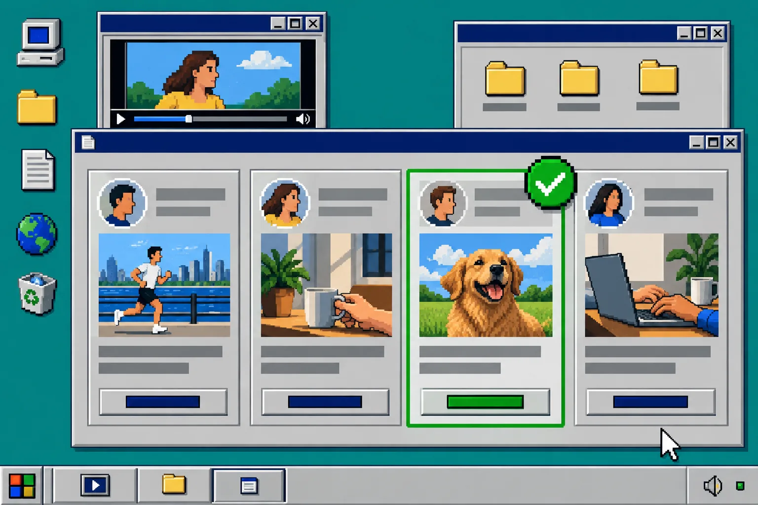 Retro desktop grid for comparing video creative variations