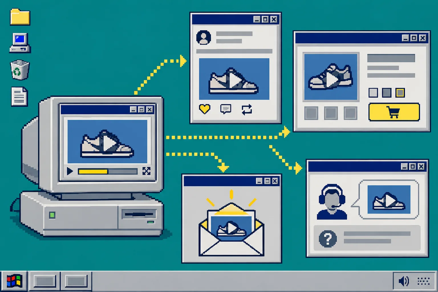 Retro desktop diagram for publishing one product video across marketing channels
