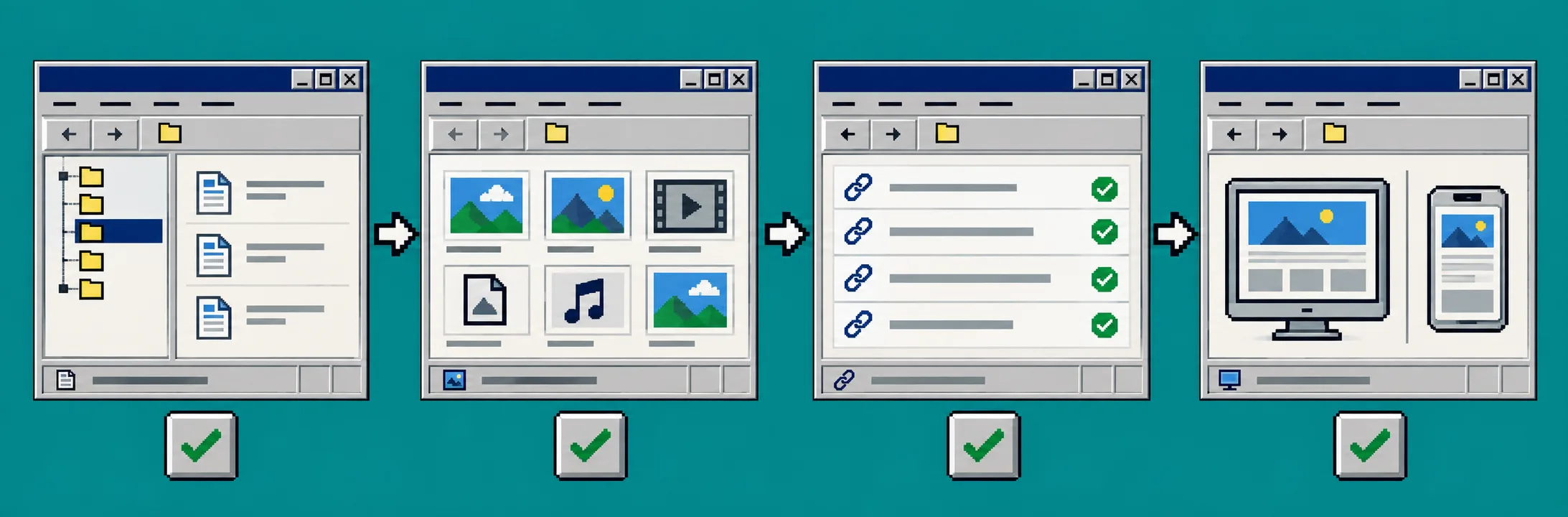 Windows 95 style workflow for testing pages assets links and layouts