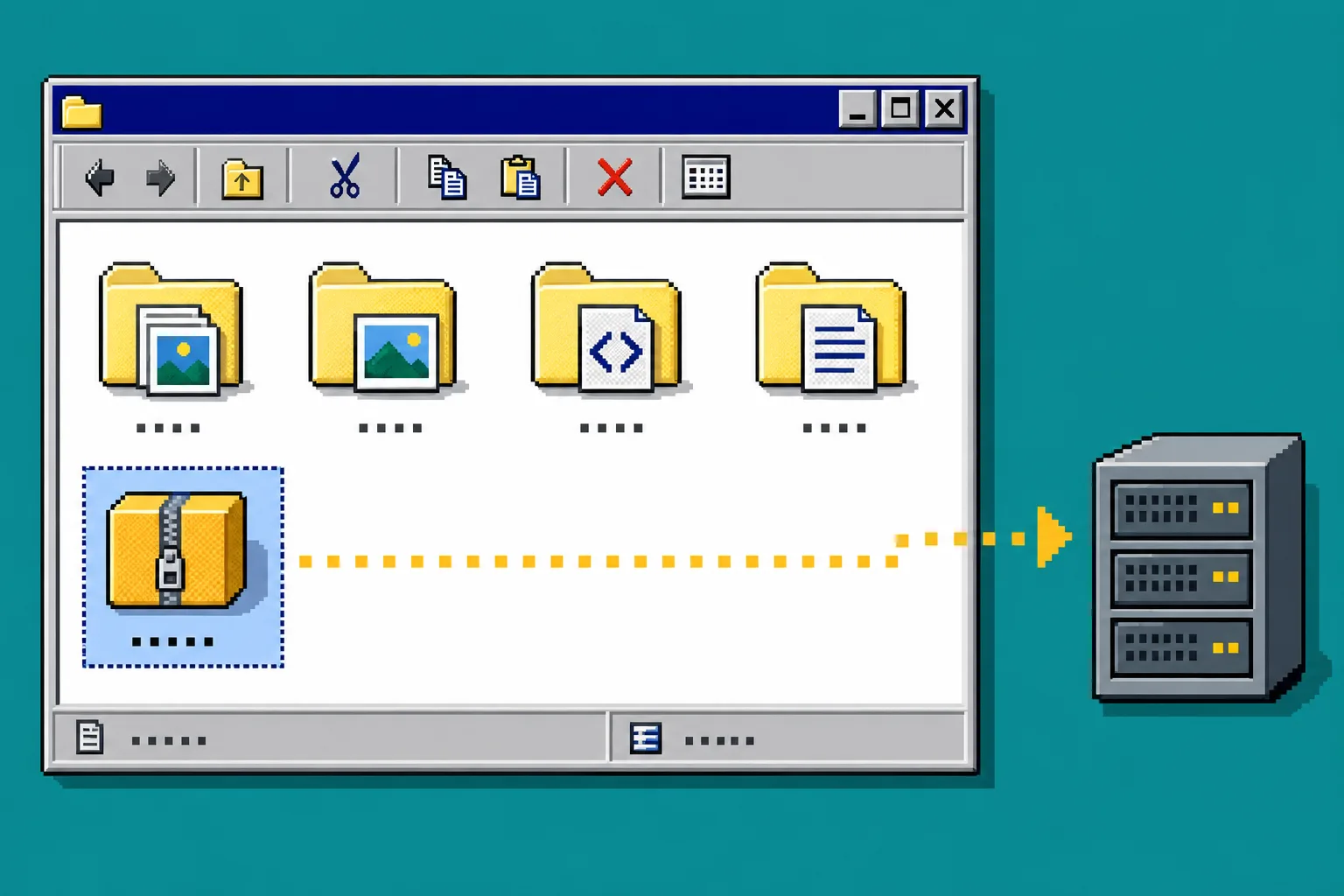 Retro file explorer showing a static site export ready for hosting