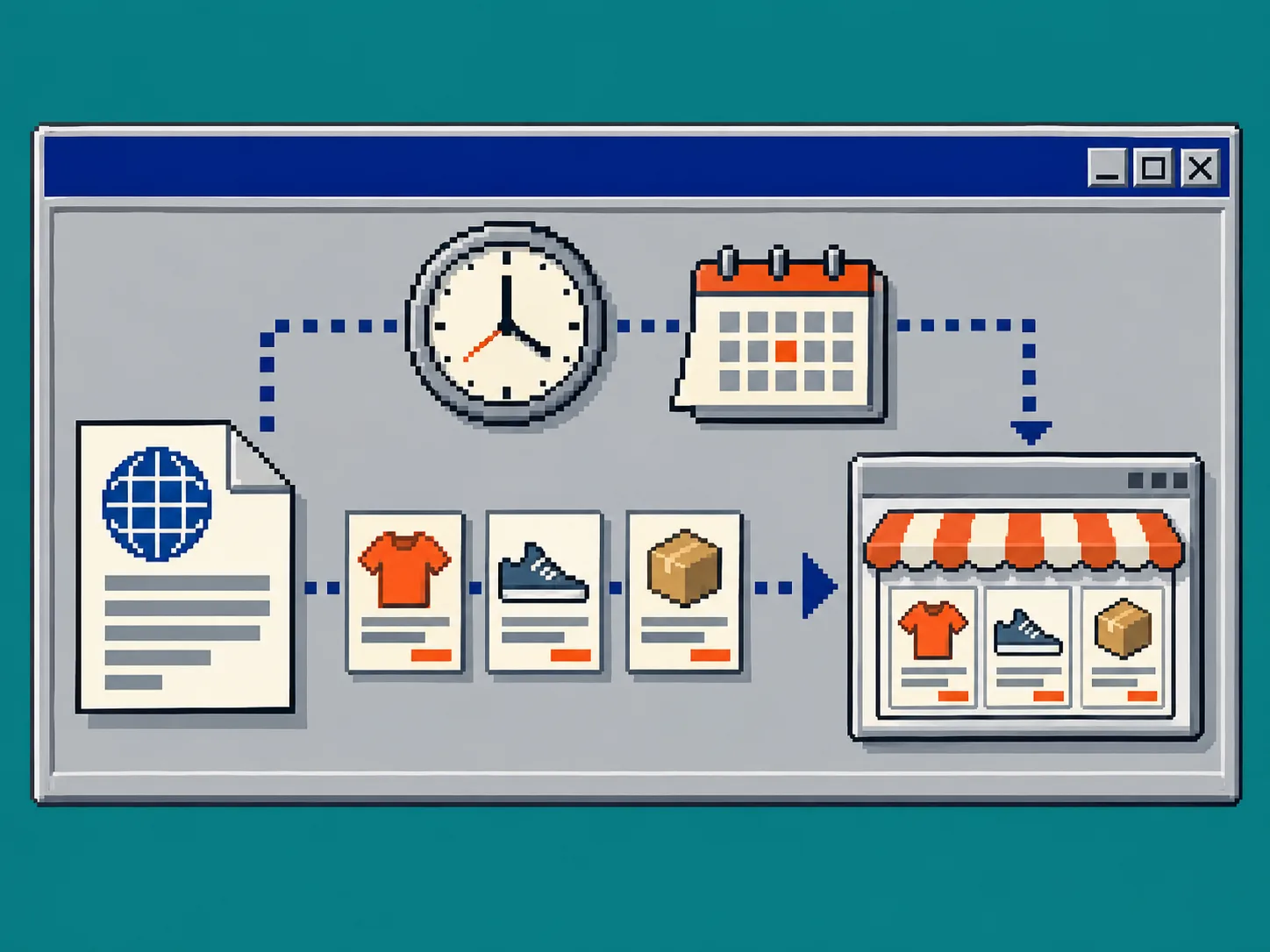 Retro diagram showing a scheduled Etsy catalog refresh