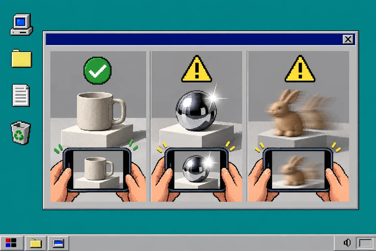 Troubleshooting comparison of a clear capture, glare, and motion blur