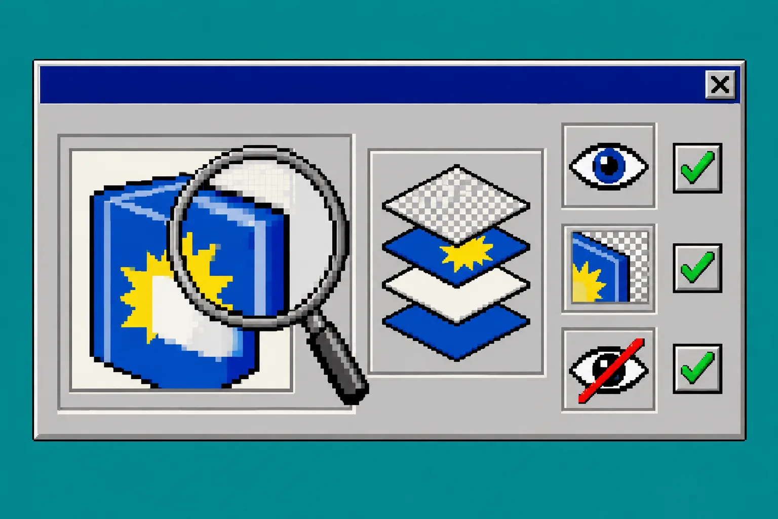 Pixel-art quality check with magnifier and layer icons