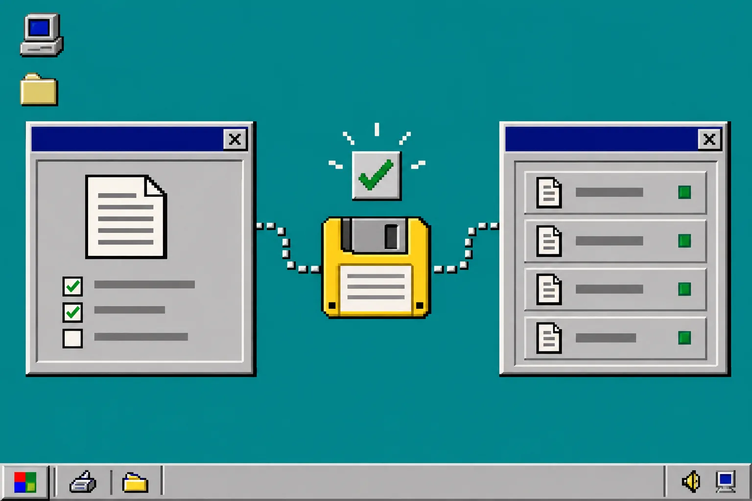Windows 95 style test record and backup flow diagram