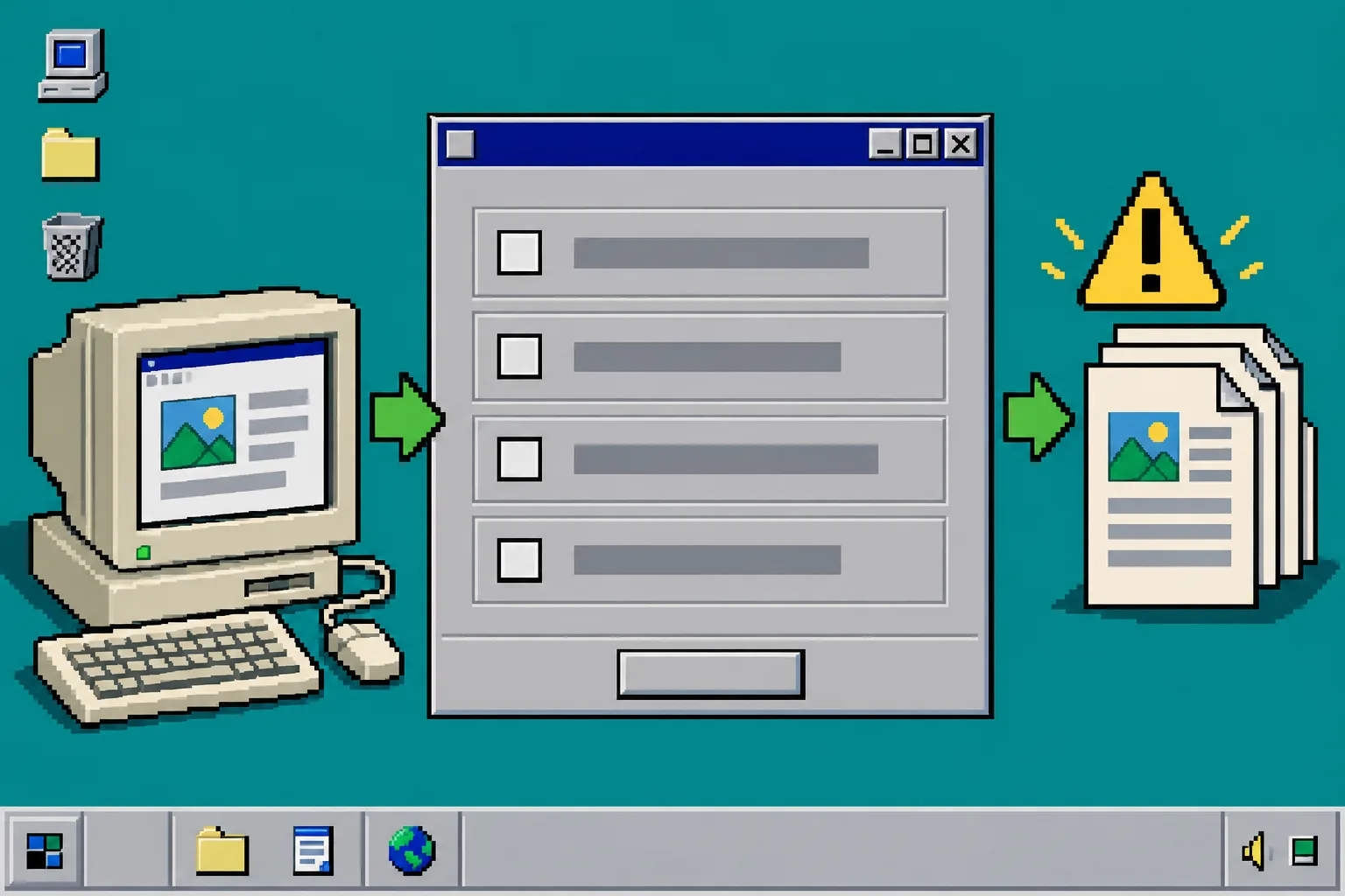 Windows 95 style content recovery checklist diagram