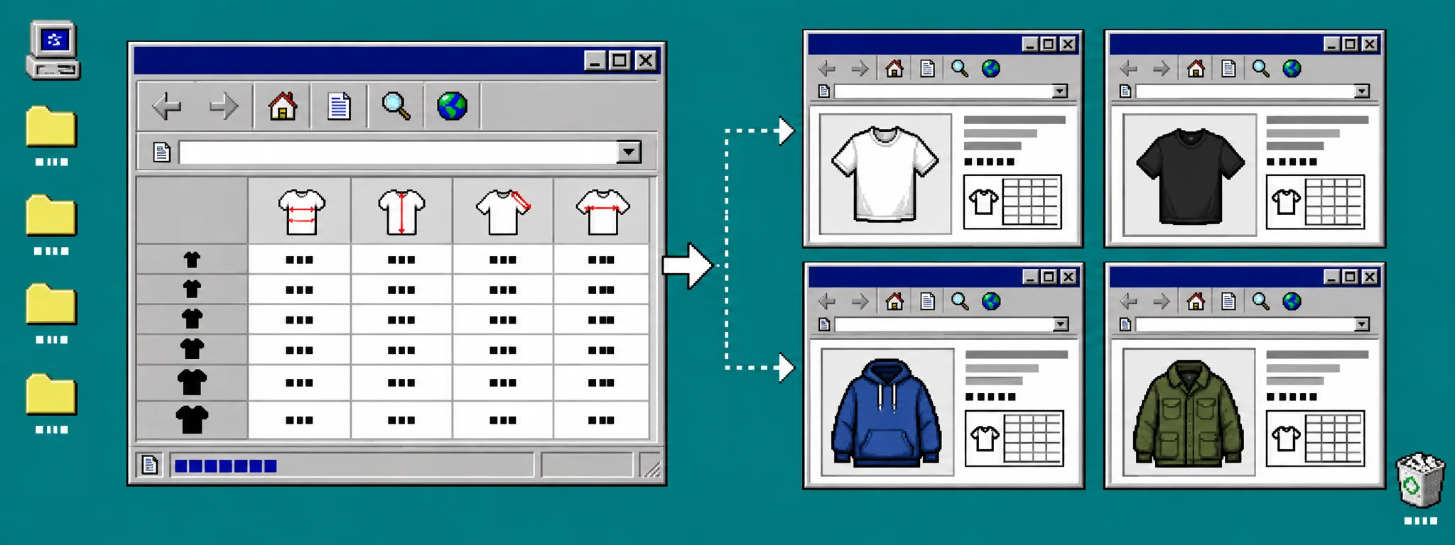 Retro desktop diagram of a default Shopify size chart covering new apparel products