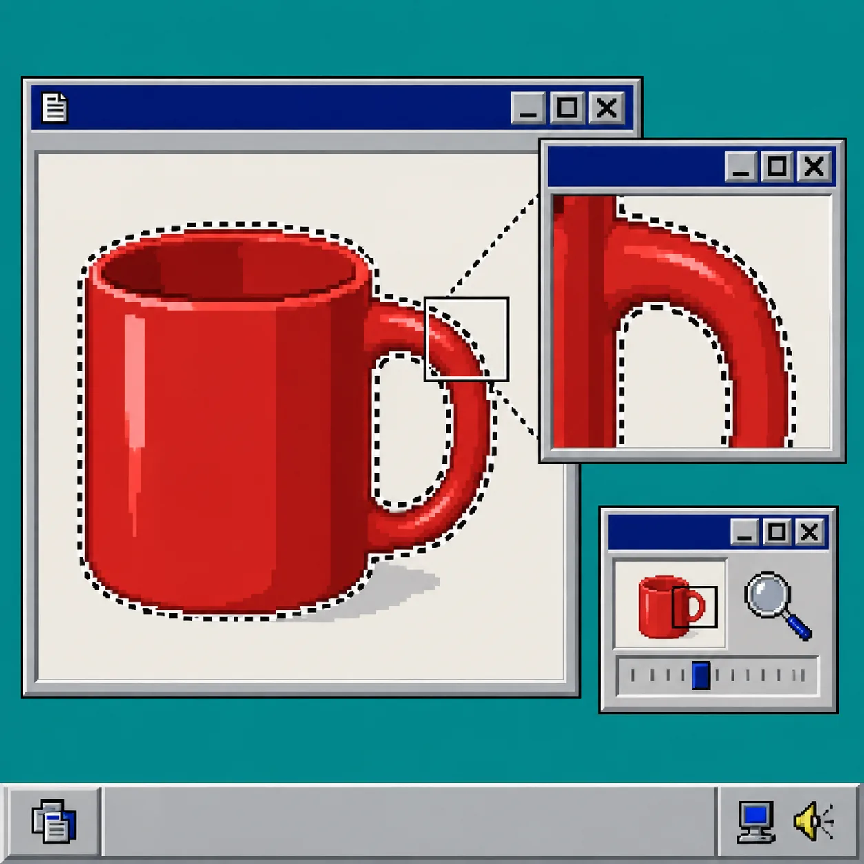 Pixel art close-up of a product selection edge checked with a magnifier