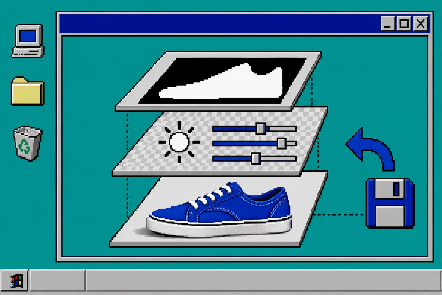 Pixel art layered adjustment and mask workflow preserving an original product photo