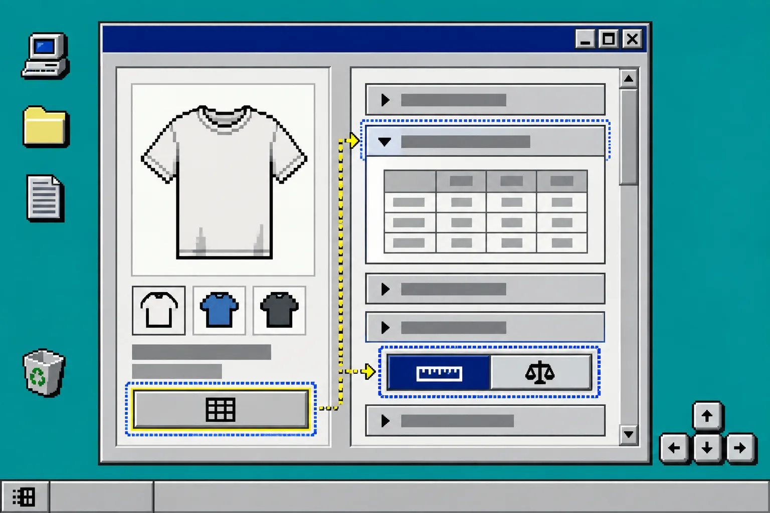 Keyboard path through a size guide interface