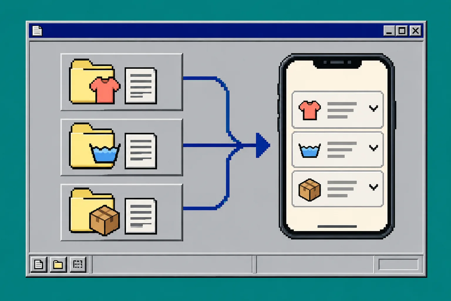 Retro diagram routing Shopify product details into mobile accordion panels