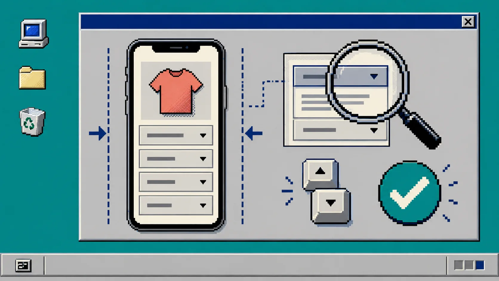 Retro mobile accordion testing diagram with keyboard and review tools
