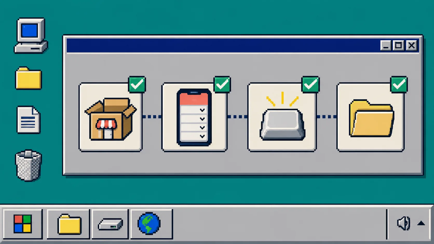 Retro product-page release checklist with product, mobile, keyboard, and content icons