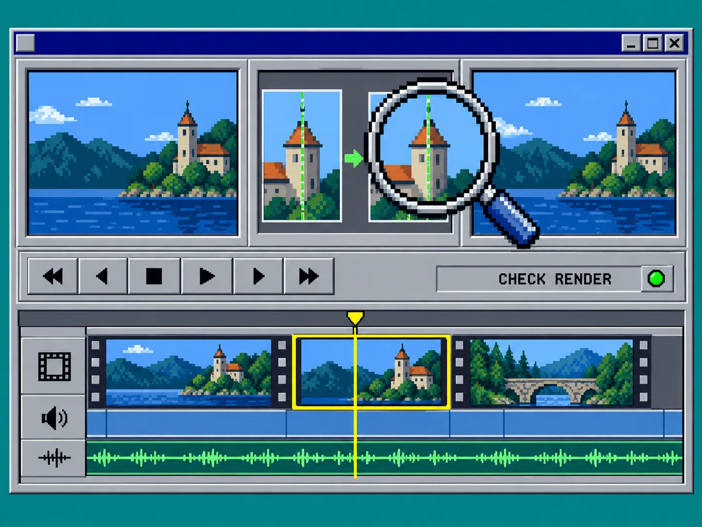 Retro video timeline with rendered-frame inspection