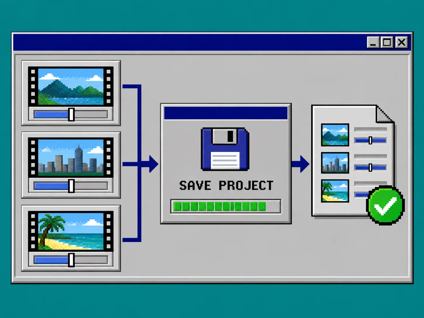 Retro desktop graphic showing editable scenes saved as a project